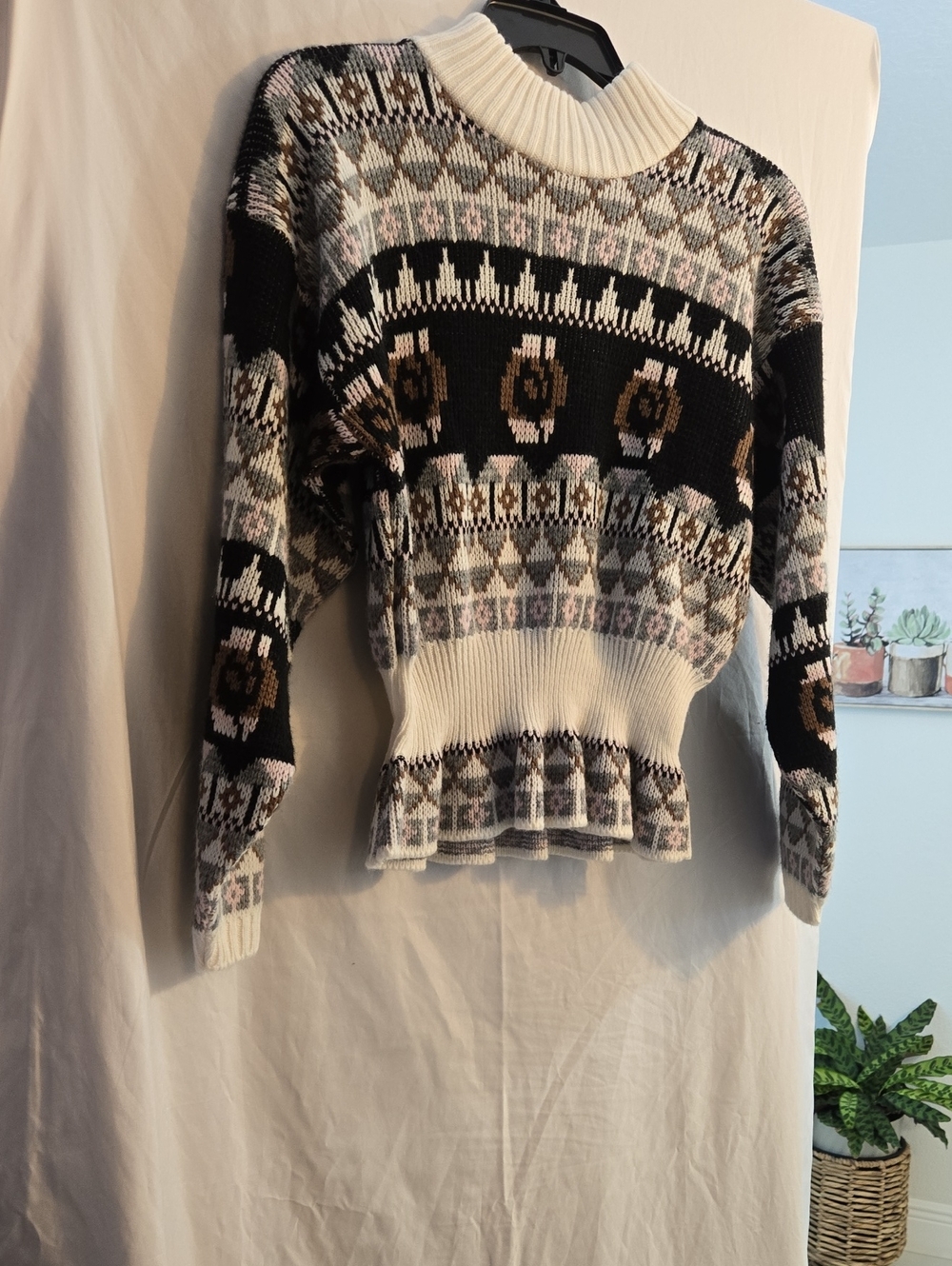 Patterned Crewneck Sweater in Black, Cream & Brown